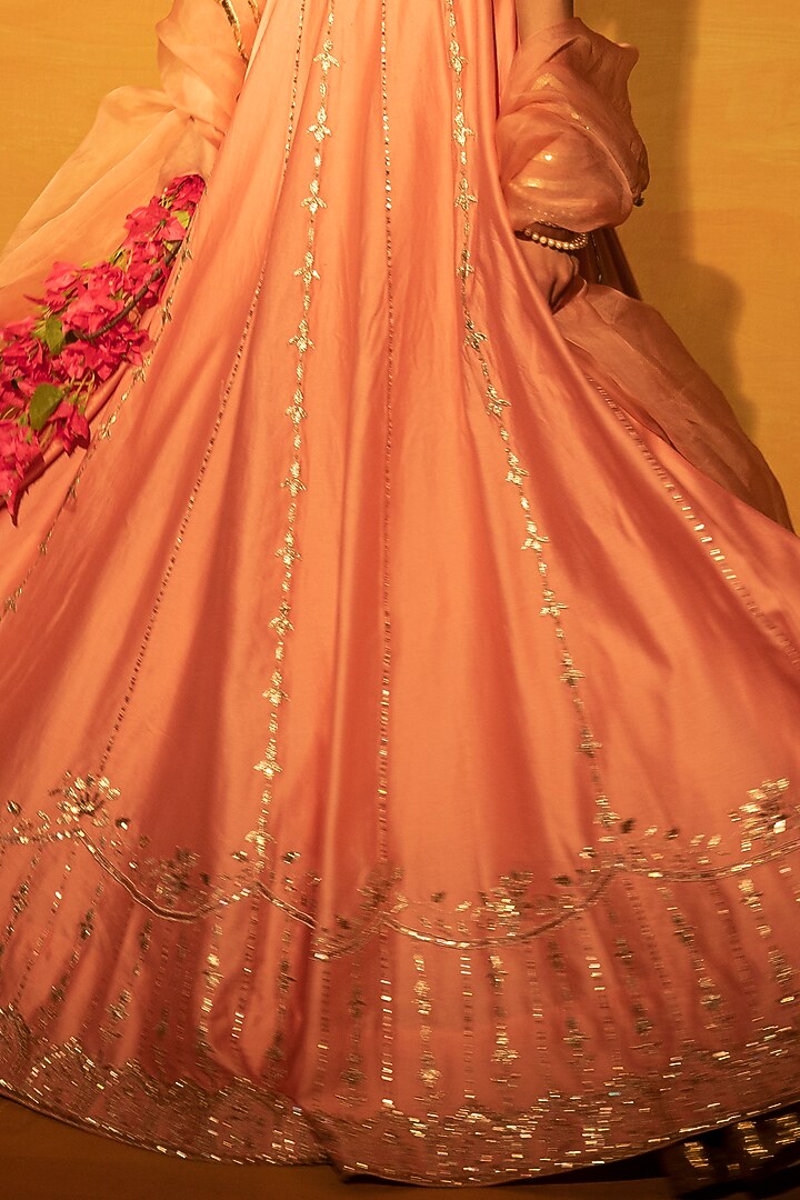 Salmon Pink Chanderi Gota Embellished Wedding Lehenga Set by Esha Koul at Pernia's Pop Up Shop