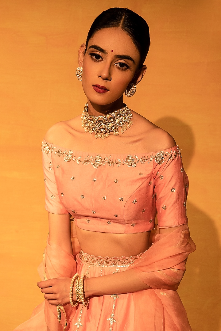Salmon Pink Chanderi Gota Embellished Wedding Lehenga Set by Esha Koul at Pernia's Pop Up Shop