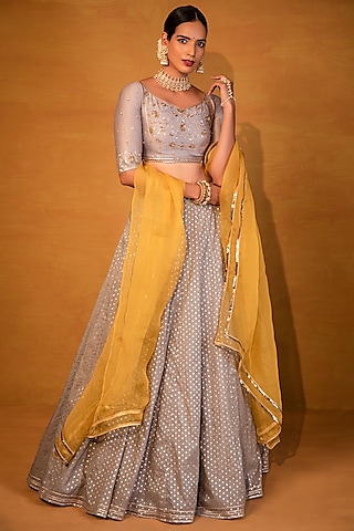 Medium Grey Textured Chanderi Gota Embellished Lehenga Set by Esha Koul