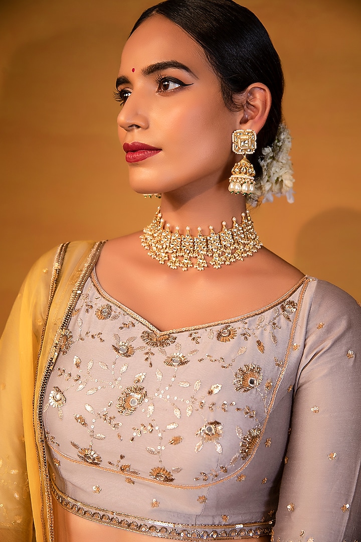 Medium Grey Textured Chanderi Gota Embellished Wedding Lehenga Set by Esha Koul at Pernia's Pop Up Shop
