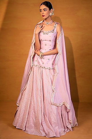 Pastel Lavender Textured Chanderi Gota Embellished Lehenga Set by Esha Koul