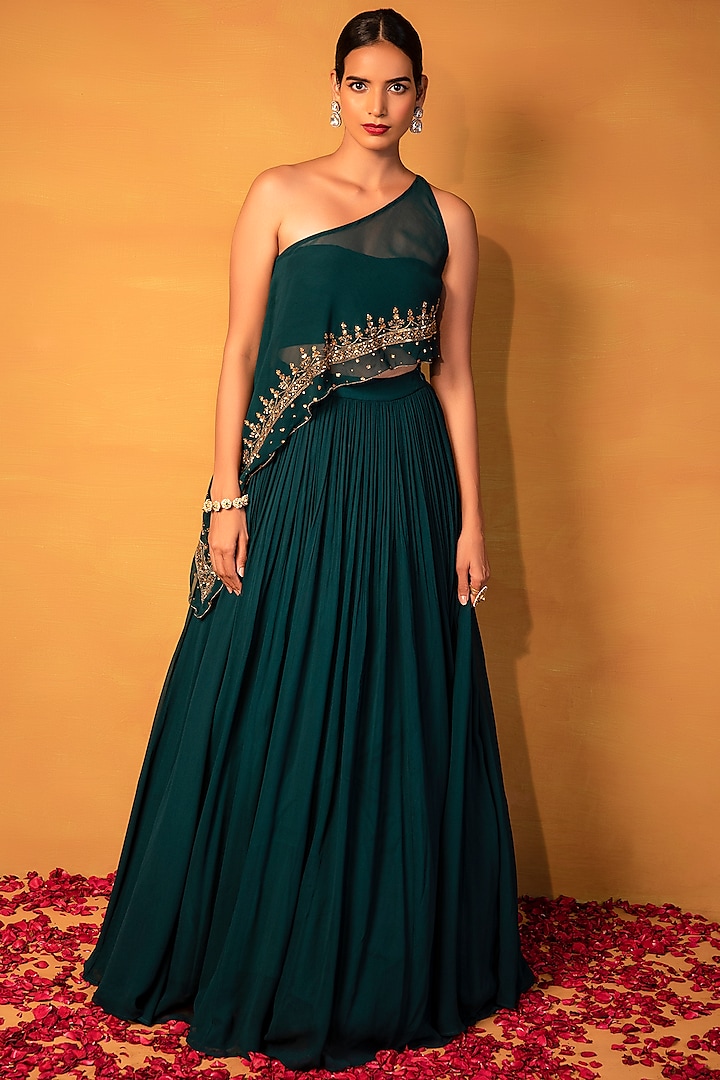 Emerald Green Wedding Lehenga Set With Embellished Cape by Esha Koul at Pernia's Pop Up Shop