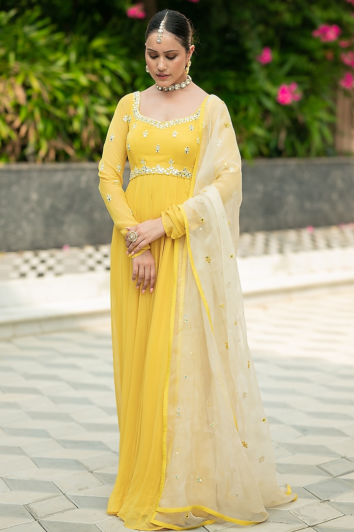 Yellow Georgette Embellished Anarkali Set by Esha Koul at Pernia's Pop Up Shop