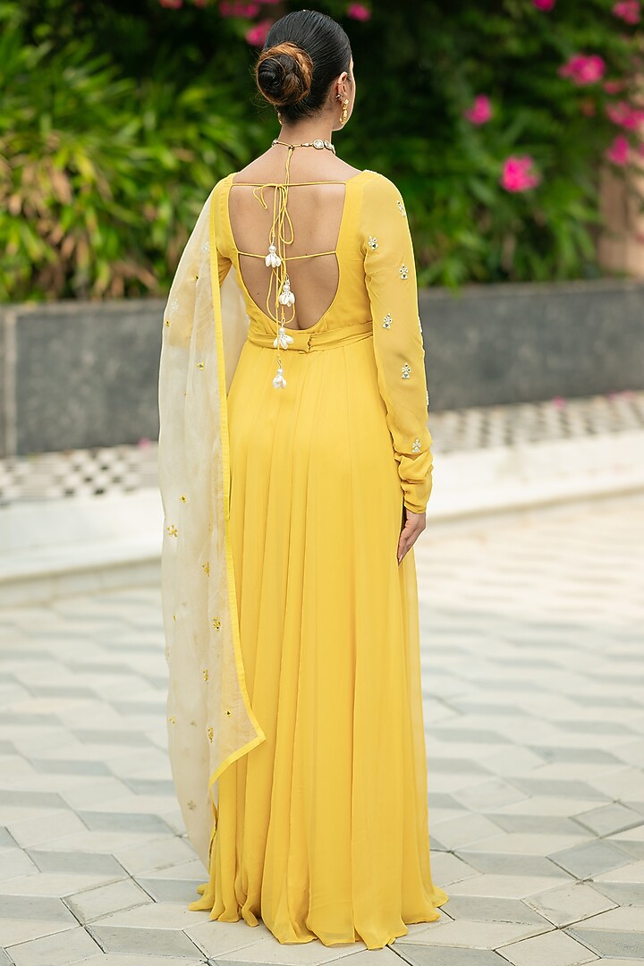 Yellow Georgette Embellished Wedding Anarkali Set by Esha Koul at Pernia's Pop Up Shop