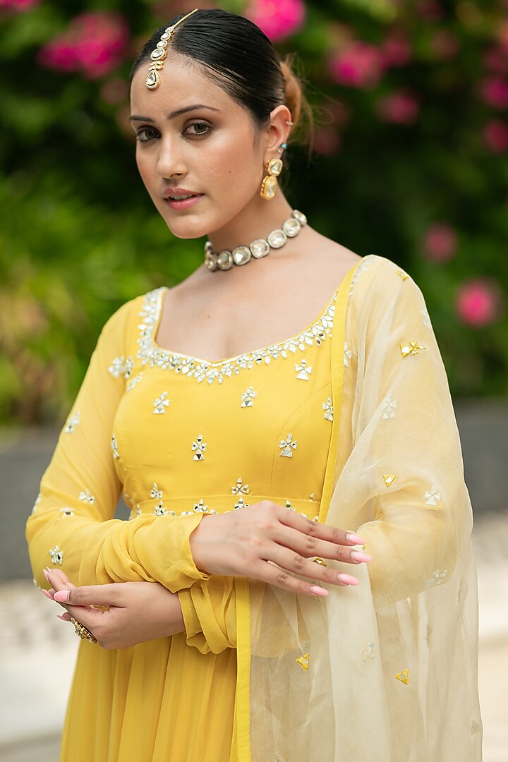 Yellow Georgette Embellished Wedding Anarkali Set by Esha Koul at Pernia's Pop Up Shop