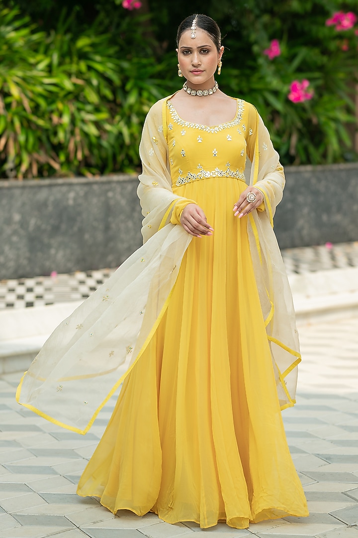 Yellow Georgette Embellished Wedding Anarkali Set by Esha Koul at Pernia's Pop Up Shop