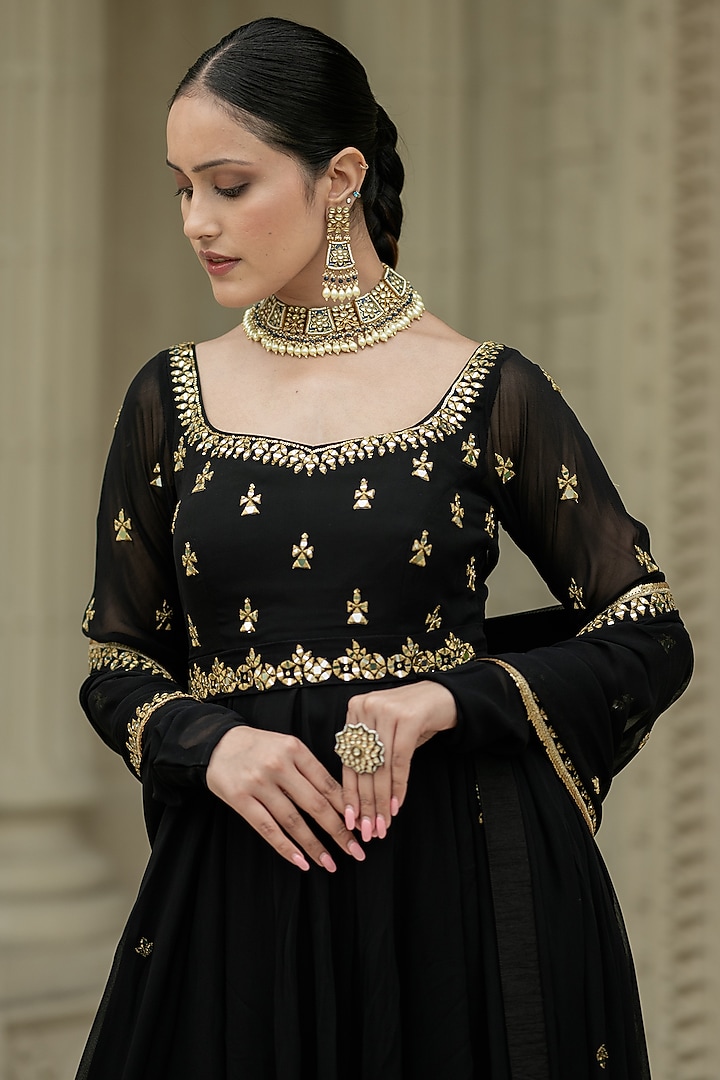 Black Georgette Embellished Wedding Anarkali Set by Esha Koul at Pernia's Pop Up Shop