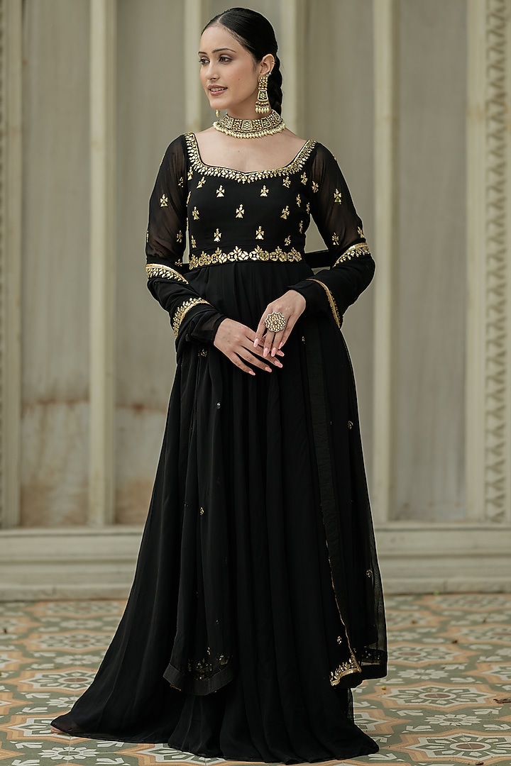 Black Georgette Embellished Wedding Anarkali Set by Esha Koul at Pernia's Pop Up Shop