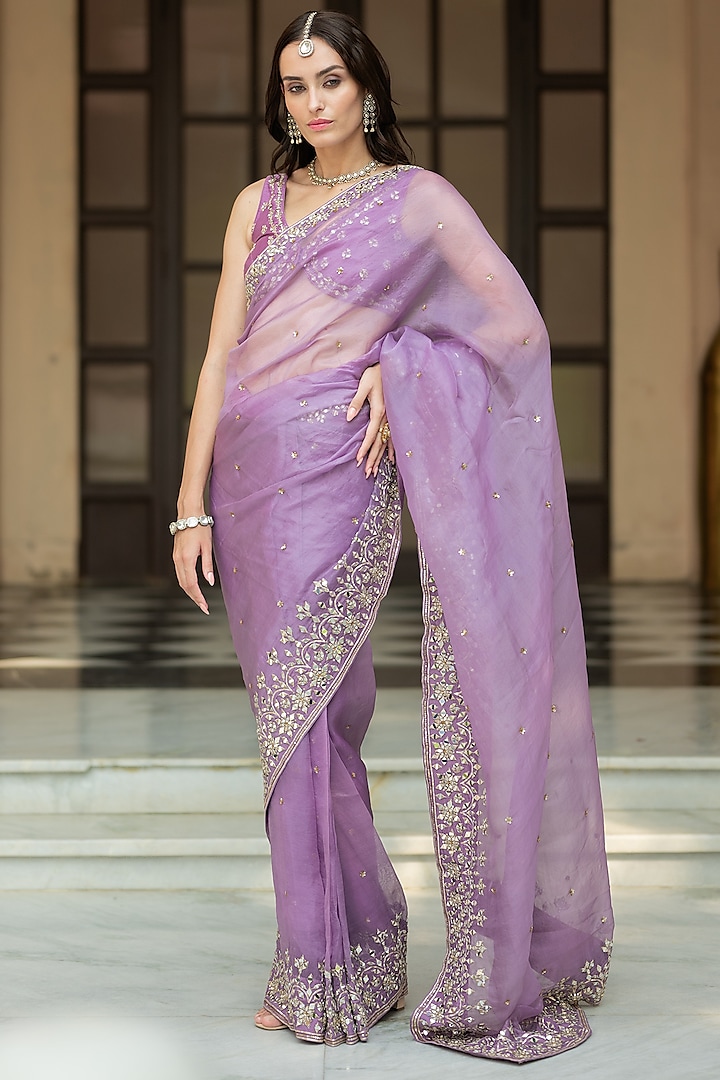 Lavender Organza Embellished Pleated Wedding Saree Set by Esha Koul at Pernia's Pop Up Shop