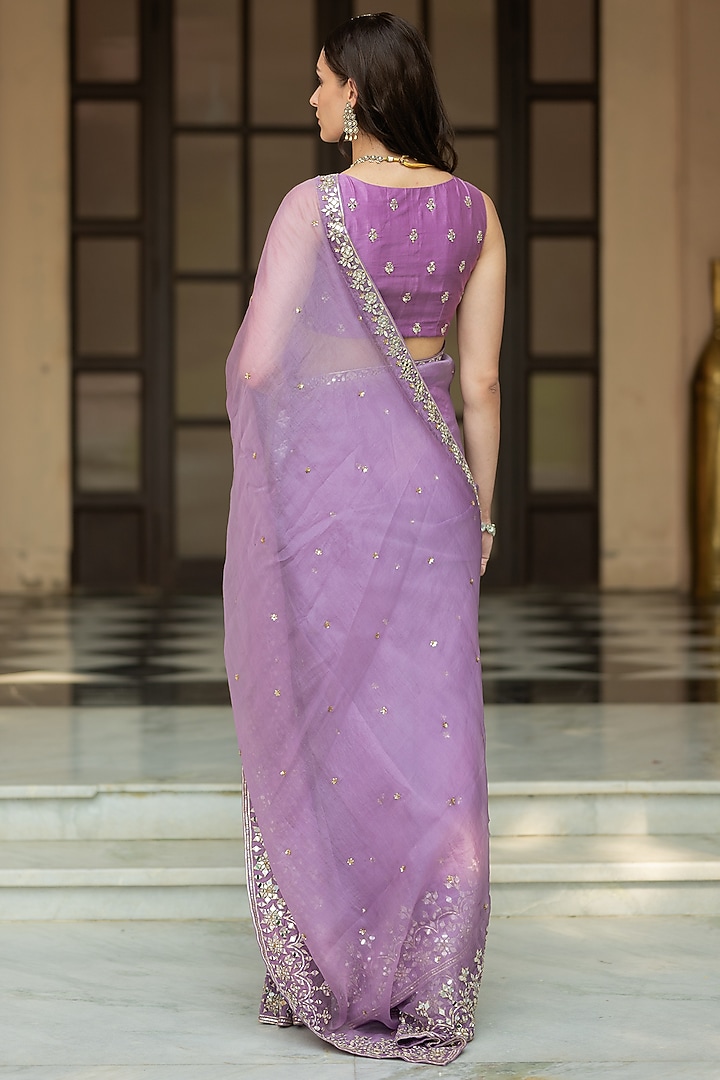 Lavender Organza Embellished Pleated Wedding Saree Set by Esha Koul at Pernia's Pop Up Shop