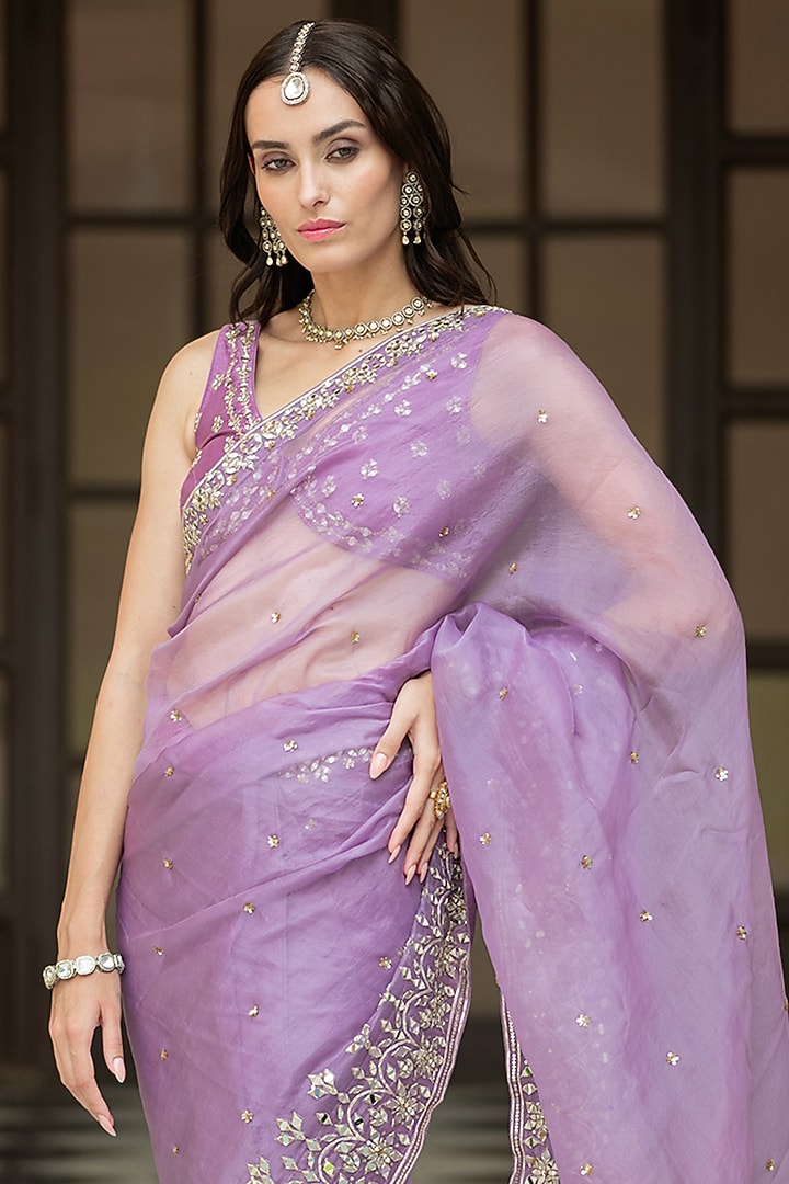 Lavender Organza Embellished Pleated Wedding Saree Set by Esha Koul at Pernia's Pop Up Shop