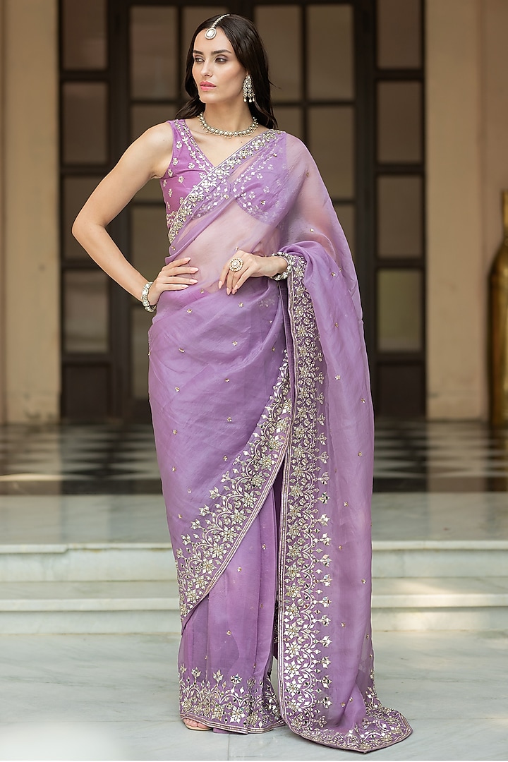Lavender Organza Embellished Pleated Wedding Saree Set by Esha Koul at Pernia's Pop Up Shop