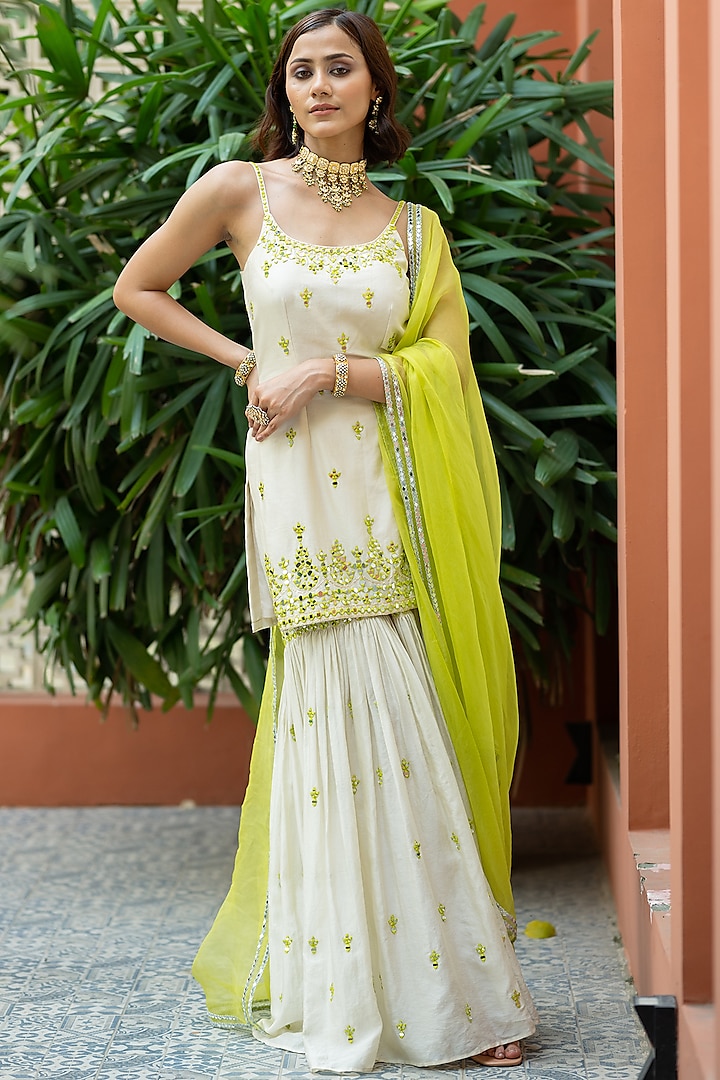 Off-White Chanderi Embellished Sharara Set by Esha Koul at Pernia's Pop Up Shop