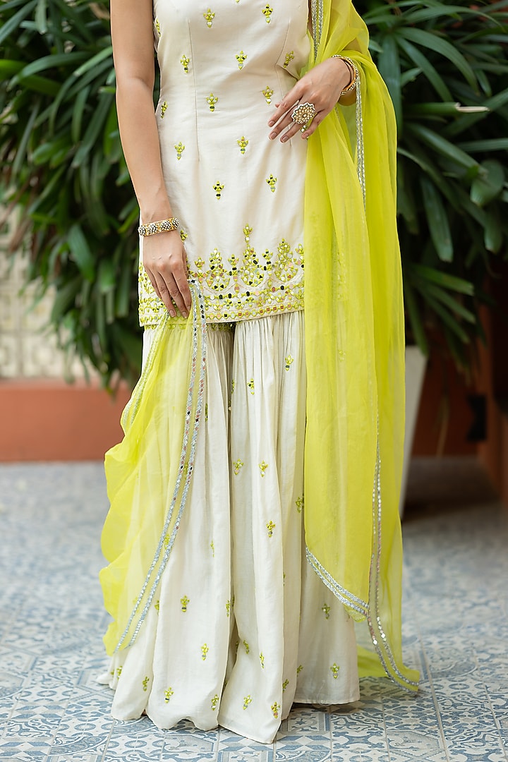 Off-White Chanderi Embellished Wedding Sharara Set by Esha Koul at Pernia's Pop Up Shop
