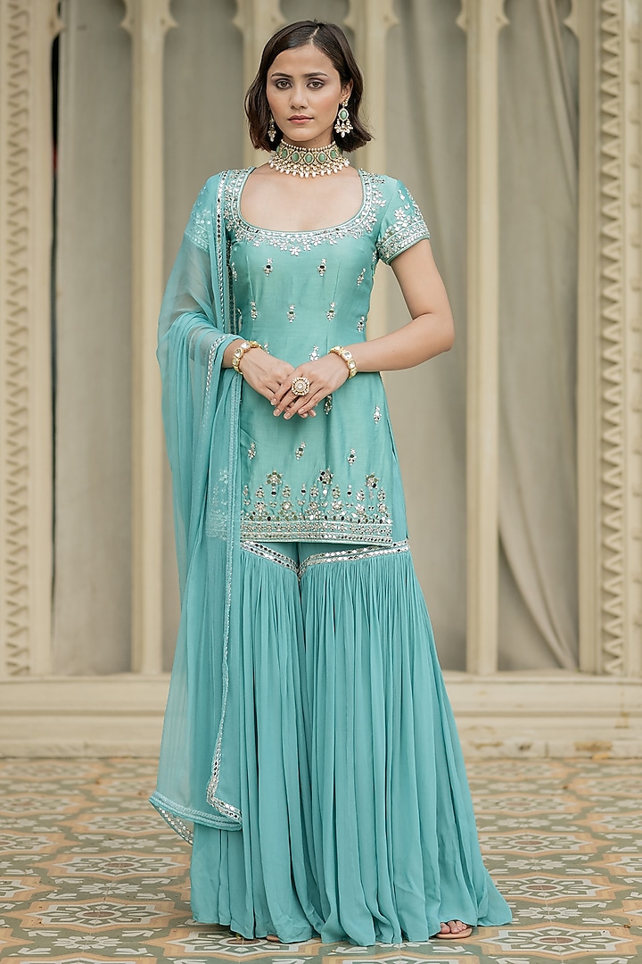 Blue Chanderi Embellished Sharara Set by Esha Koul