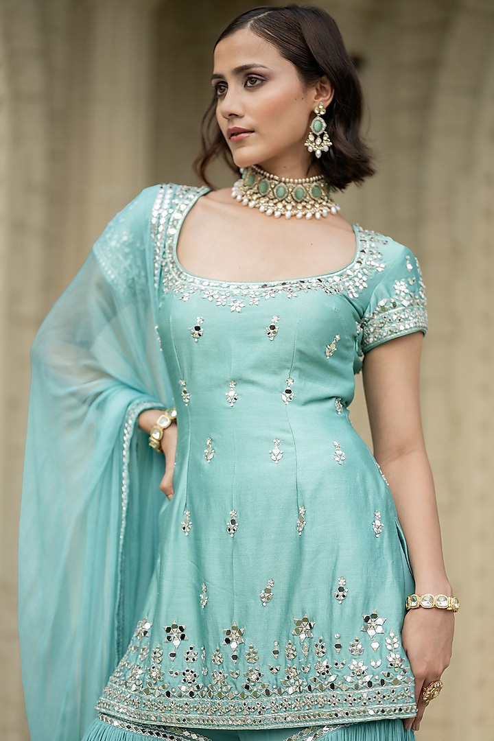 Blue Chanderi Embellished Wedding Sharara Set by Esha Koul at Pernia's Pop Up Shop