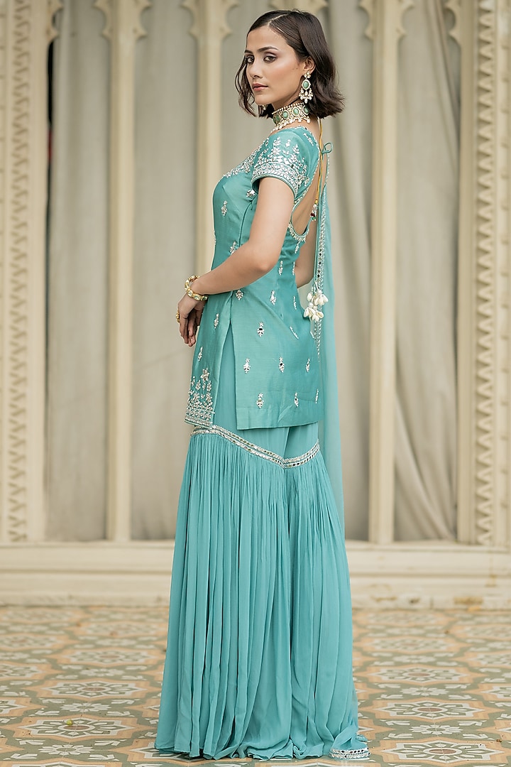 Blue Chanderi Embellished Wedding Sharara Set by Esha Koul at Pernia's Pop Up Shop