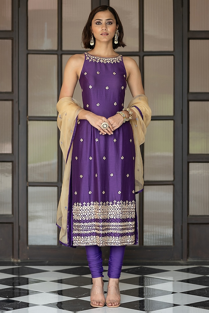 Purple Chanderi Embellished Kurta Set by Esha Koul at Pernia's Pop Up Shop