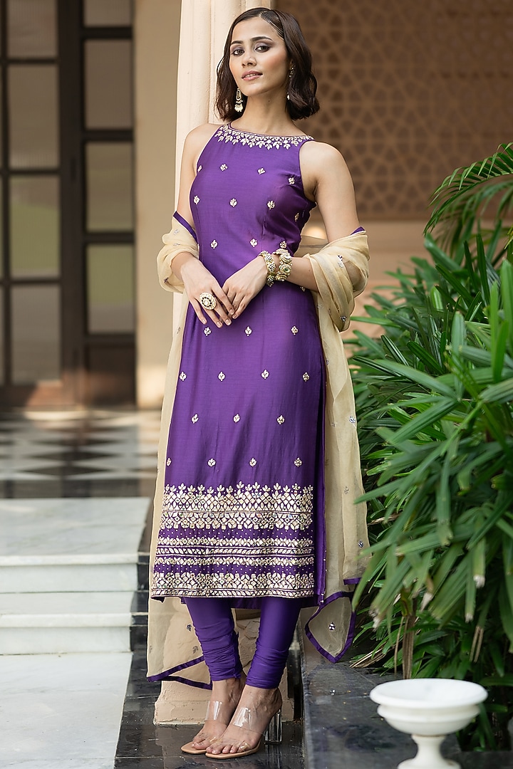 Purple Chanderi Embellished Kurta Set by Esha Koul at Pernia's Pop Up Shop
