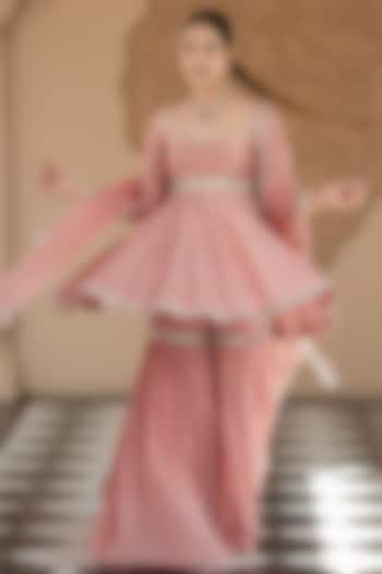 Onion Pink Chanderi Embellished Wedding Sharara Set by Esha Koul at Pernia's Pop Up Shop