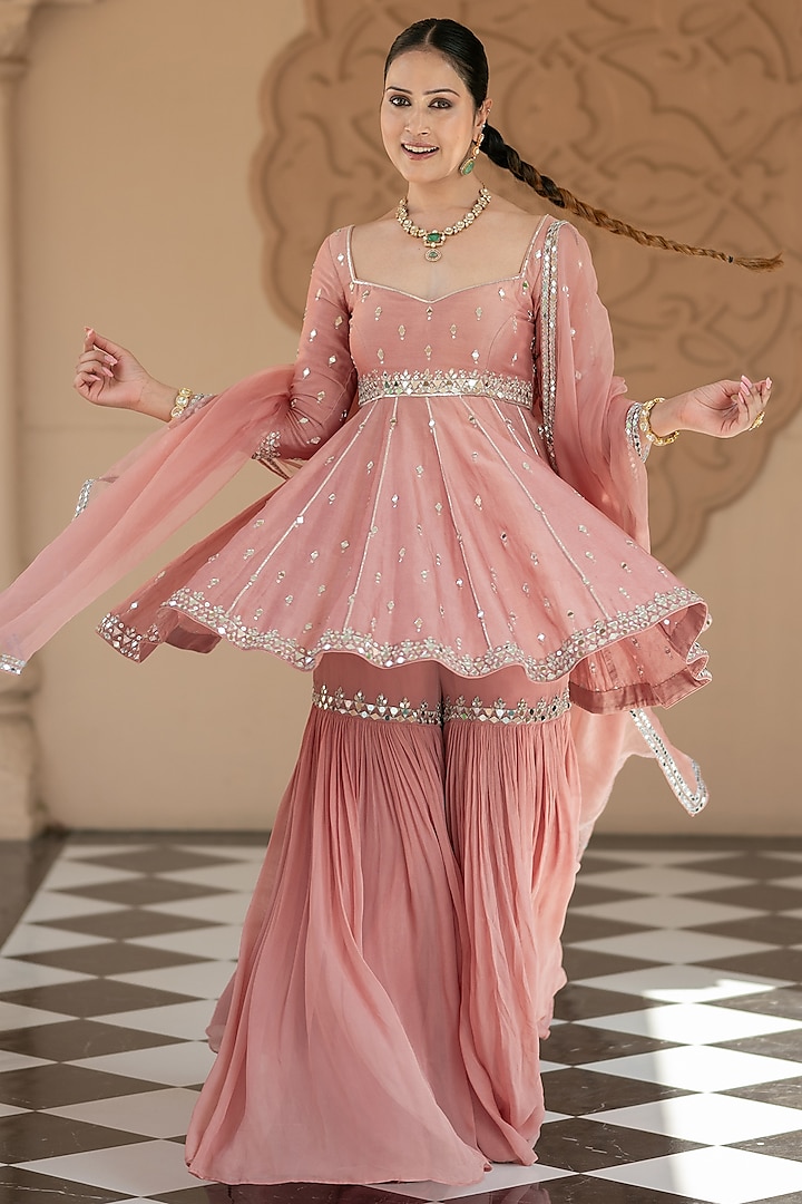 Onion Pink Chanderi Embellished Wedding Sharara Set by Esha Koul at Pernia's Pop Up Shop