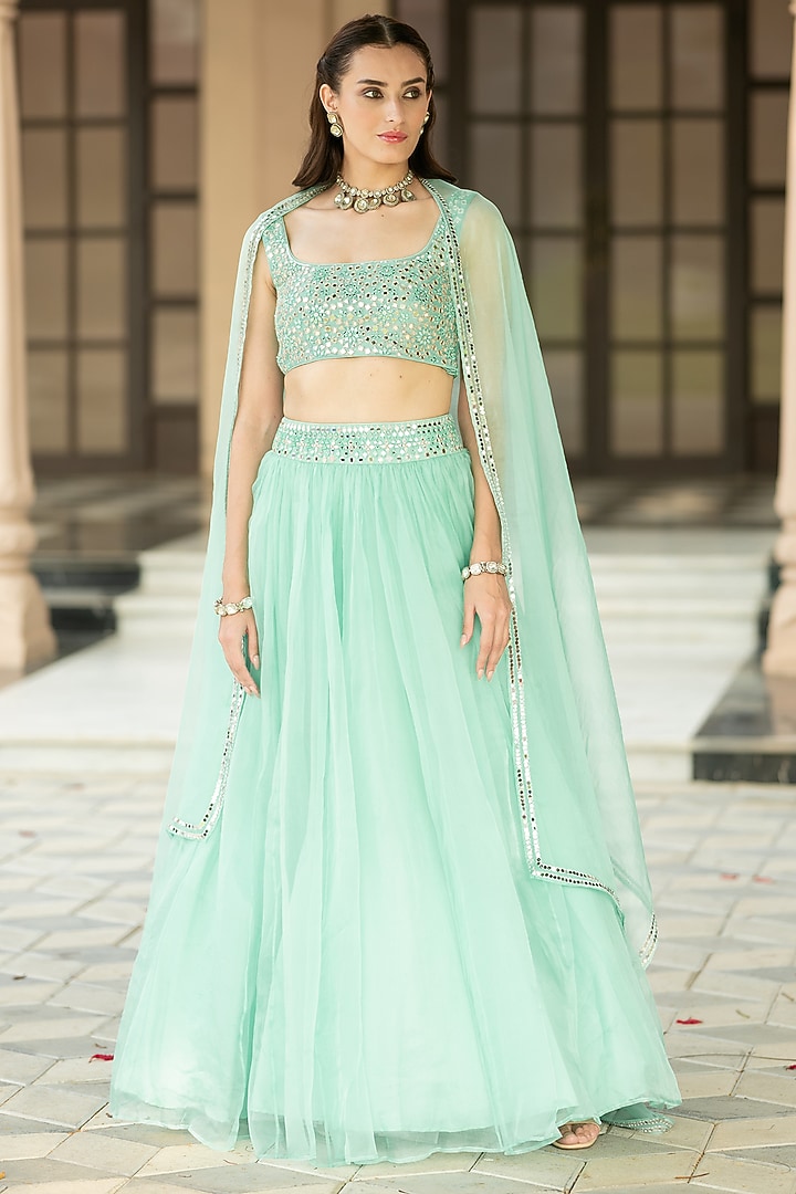 Aqua Blue Organza Embroidered Wedding Lehenga Set by Esha Koul at Pernia's Pop Up Shop