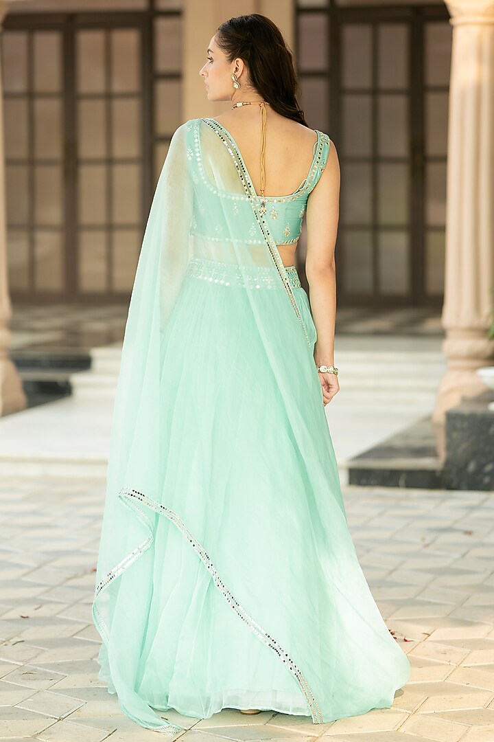 Aqua Blue Organza Embroidered Wedding Lehenga Set by Esha Koul at Pernia's Pop Up Shop