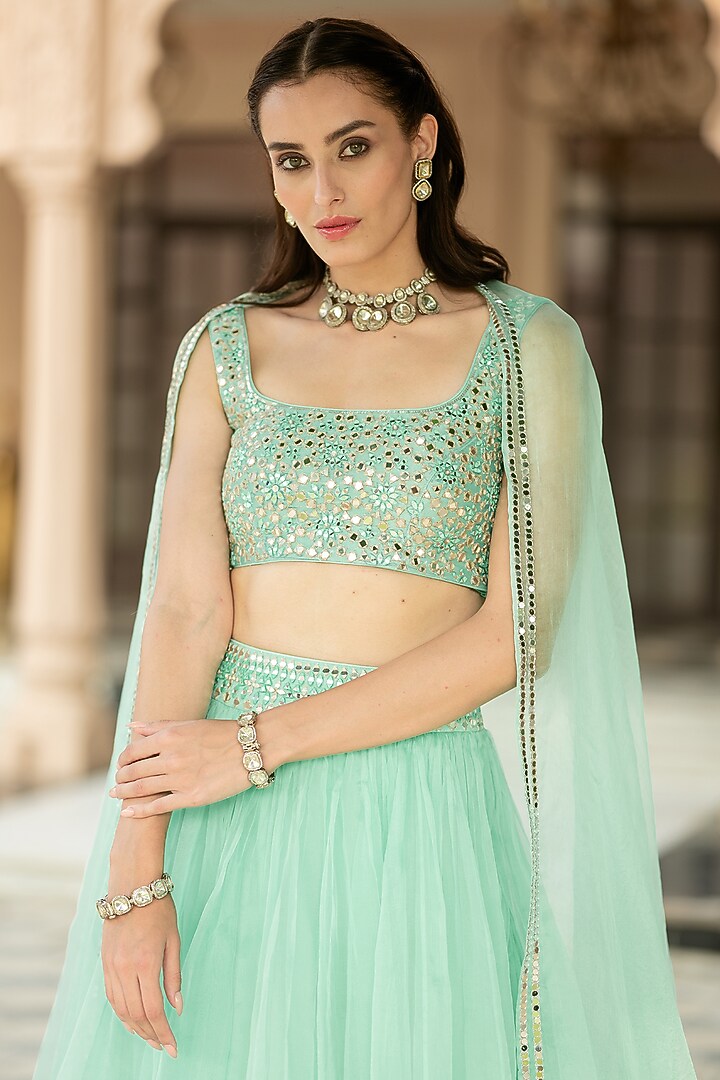 Aqua Blue Organza Embroidered Wedding Lehenga Set by Esha Koul at Pernia's Pop Up Shop