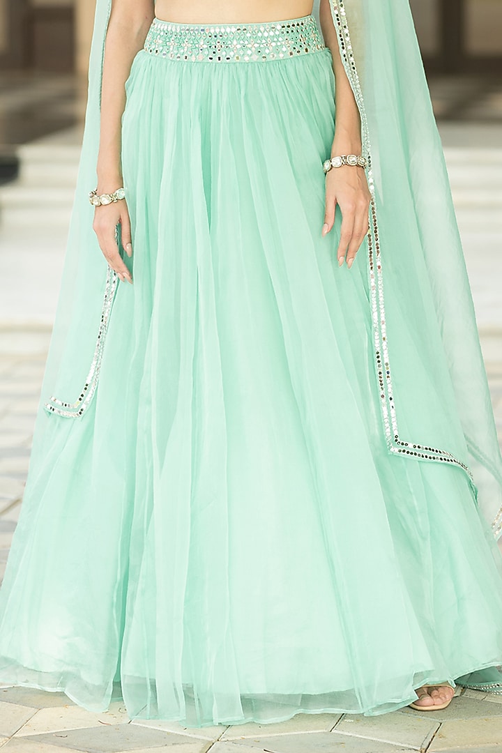 Aqua Blue Organza Embroidered Wedding Lehenga Set by Esha Koul at Pernia's Pop Up Shop