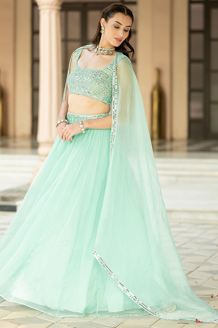 Aqua Blue Organza Embroidered Wedding Lehenga Set by Esha Koul at Pernia's Pop Up Shop