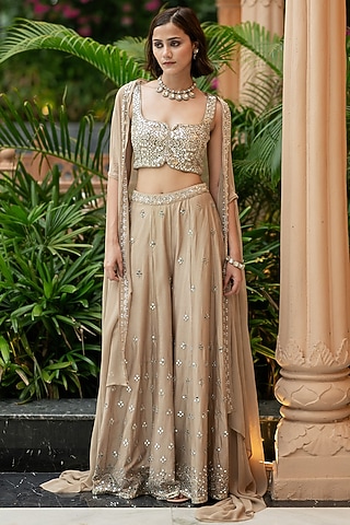 Brown Georgette Cape Set by Esha Koul