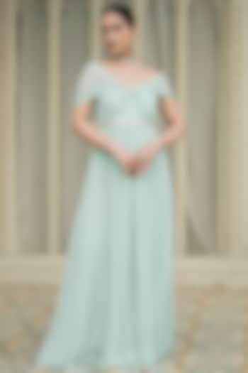 Ice Blue Georgette Draped Maxi Vacation Dress by Esha Koul at Pernia's Pop Up Shop