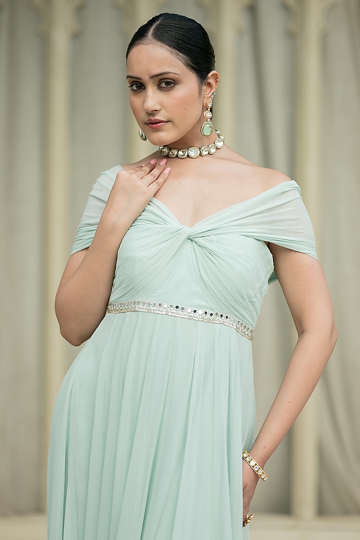 Ice Blue Georgette Draped Maxi Vacation Dress by Esha Koul at Pernia's Pop Up Shop