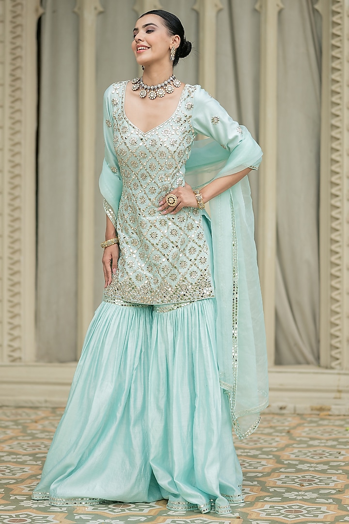 Baby Blue Chanderi Wedding Sharara Set by Esha Koul at Pernia's Pop Up Shop