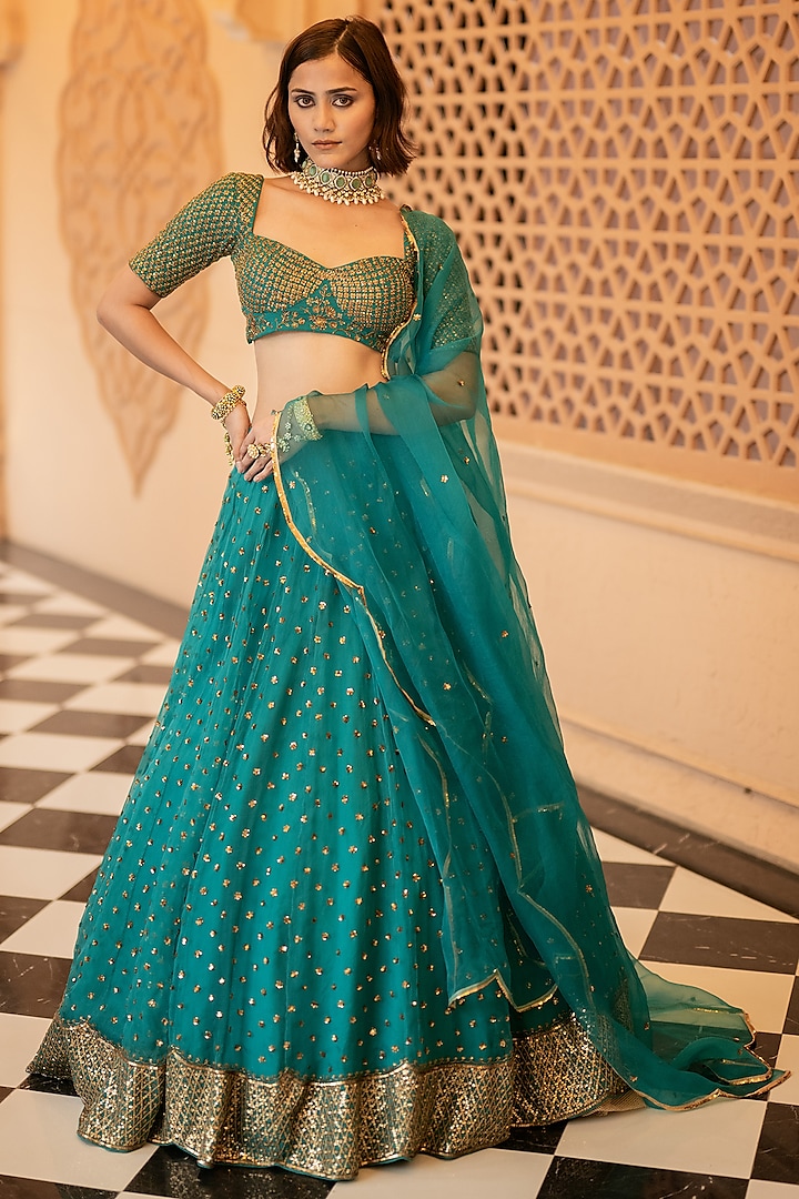 Teal Green Embellished Lehenga Set by Esha Koul at Pernia's Pop Up Shop