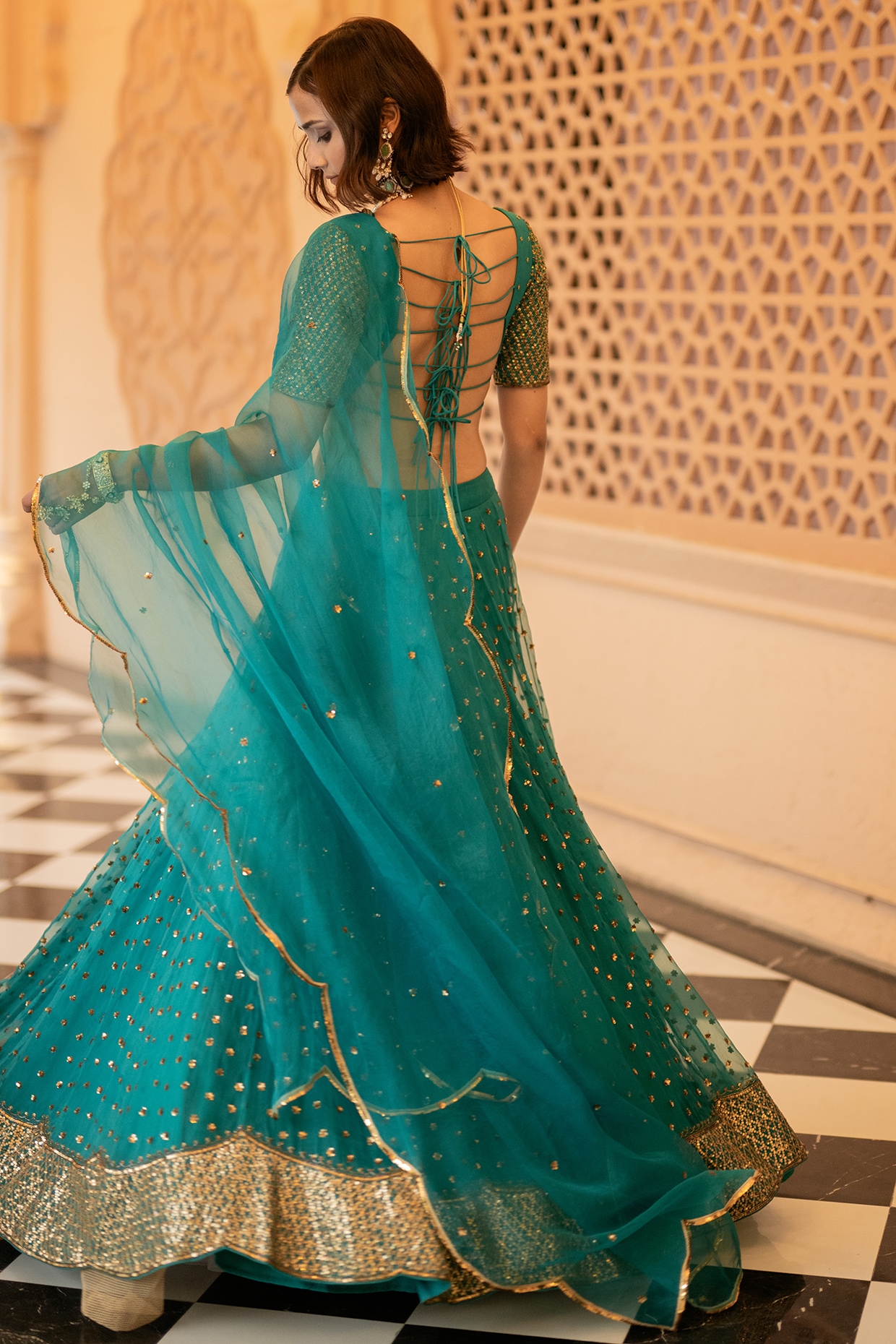 Buy Teal Blue Thread Embroidery Silk Lehenga Choli from Ethnic Plus