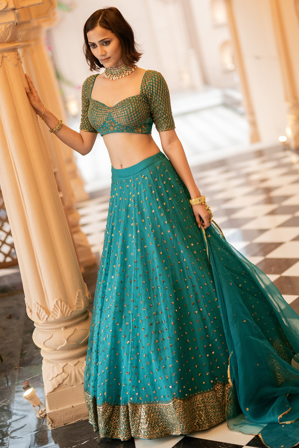 Shop Teal Blue Soft Silk Mirror Work Umbrella Lehenga Wedding Wear Online  at Best Price | Cbazaar