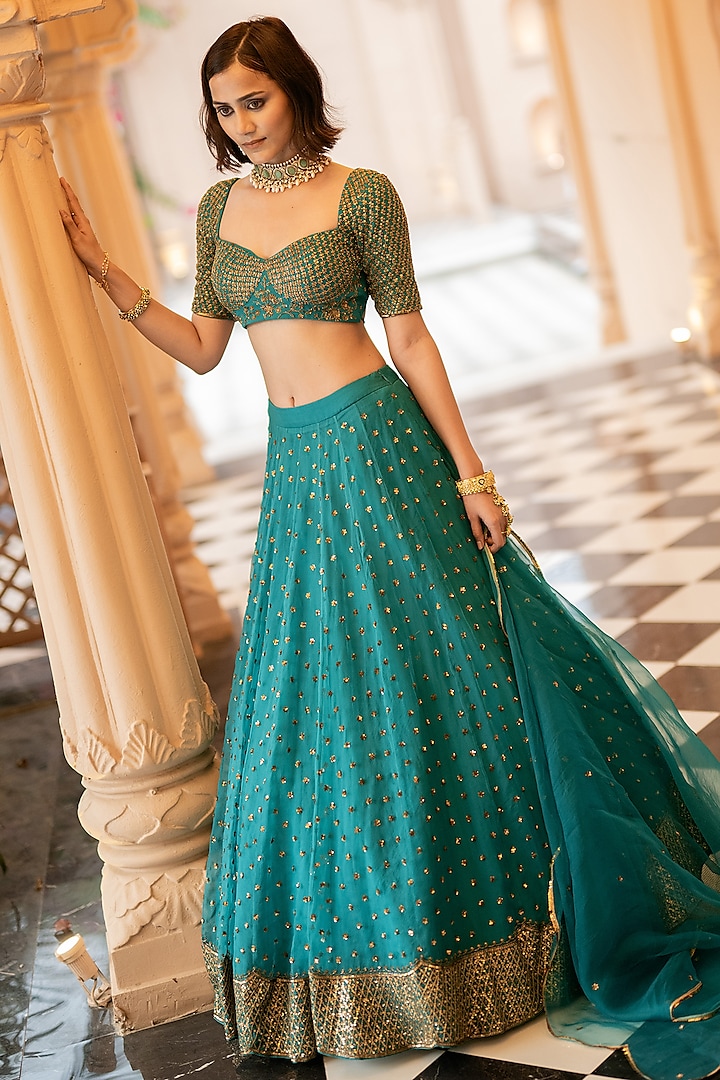 Teal Green Embellished Wedding Lehenga Set by Esha Koul at Pernia's Pop Up Shop