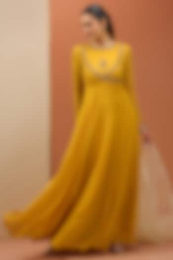 Mustard Georgette & Semi Crepe Hand Embroidered Anarkali Set by Esha Koul at Pernia's Pop Up Shop