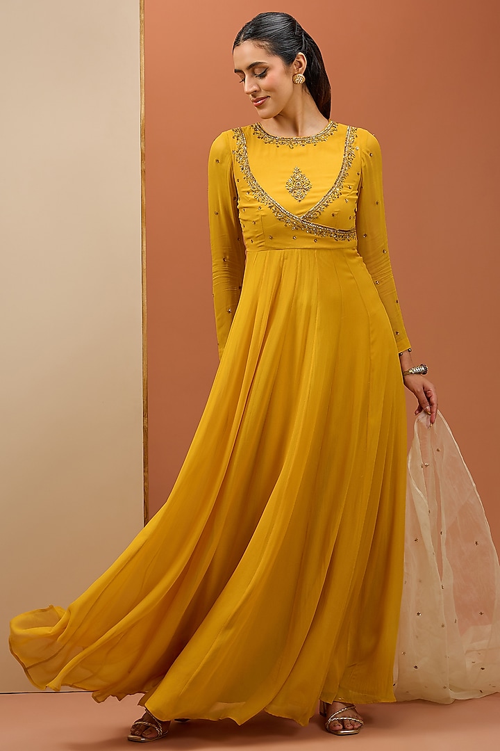 Mustard Georgette & Semi Crepe Hand Embroidered Anarkali Set by Esha Koul at Pernia's Pop Up Shop