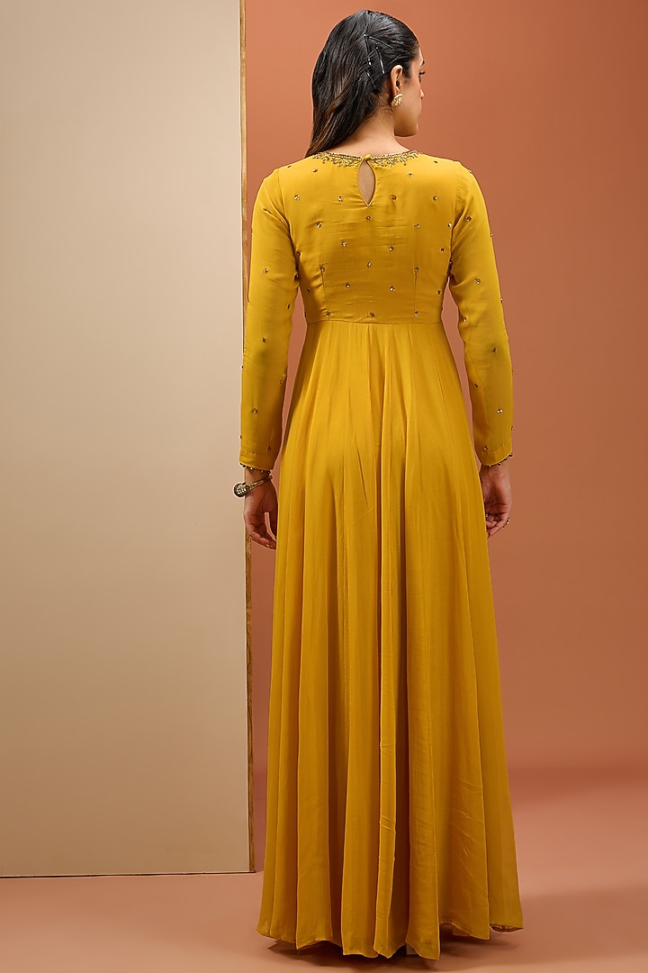 Mustard Georgette & Semi Crepe Hand Embroidered Wedding Anarkali Set by Esha Koul at Pernia's Pop Up Shop
