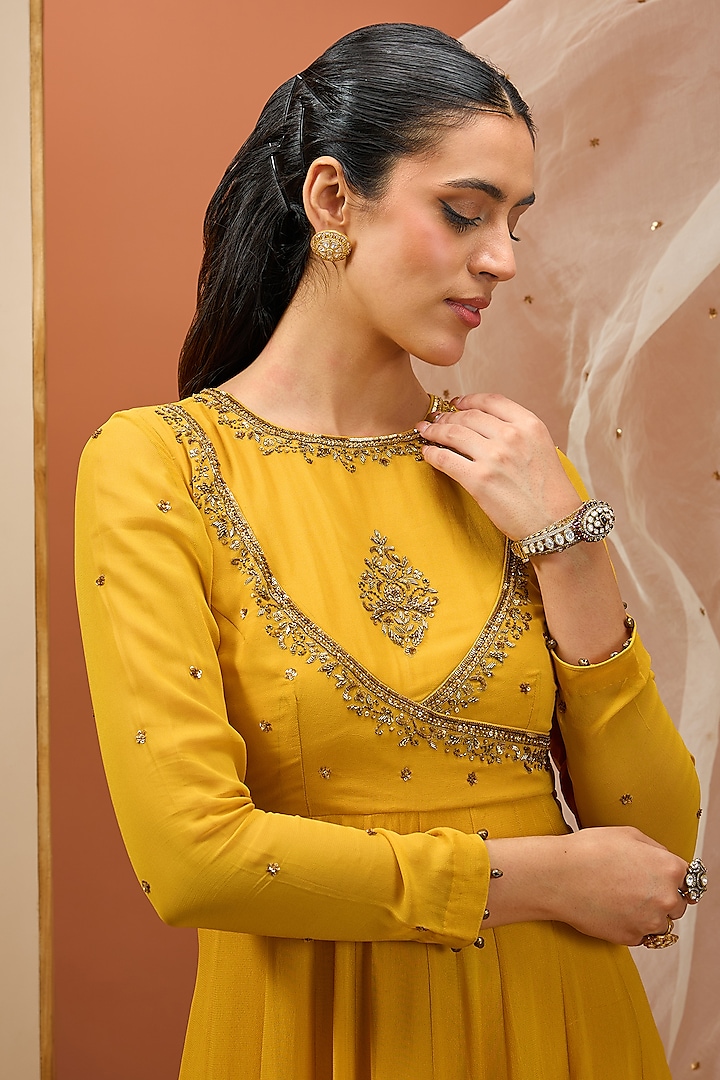 Mustard Georgette & Semi Crepe Hand Embroidered Wedding Anarkali Set by Esha Koul at Pernia's Pop Up Shop