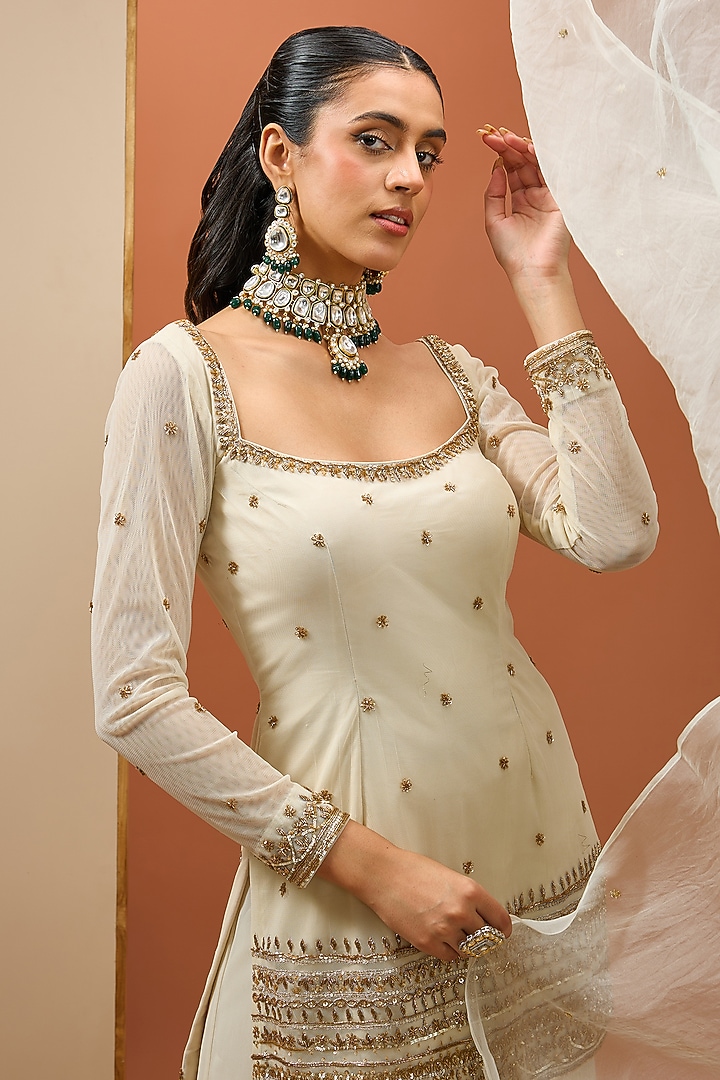Off-White Net & Semi Crepe Wedding Sharara Set by Esha Koul at Pernia's Pop Up Shop