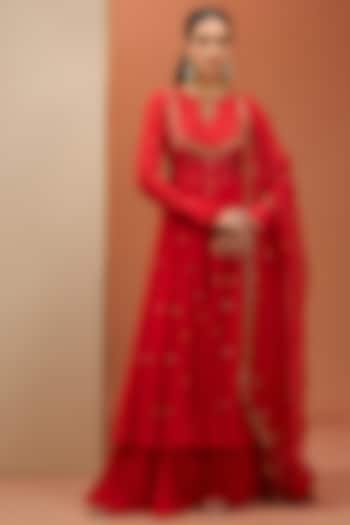 Red Georgette & Semi Crepe Hand Embroidered Anarkali Set by Esha Koul