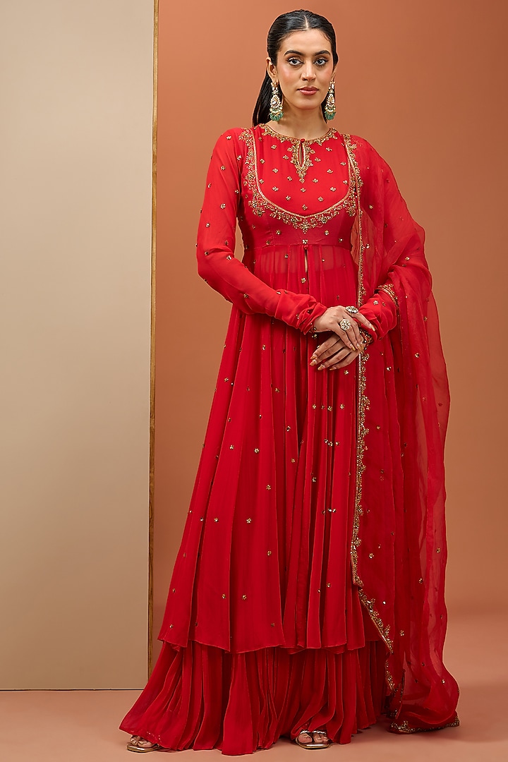 Red Georgette & Semi Crepe Hand Embroidered Anarkali Set by Esha Koul