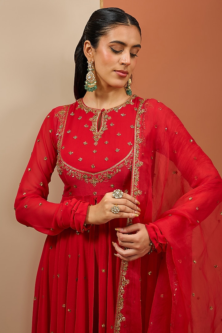 Red Georgette & Semi Crepe Hand Embroidered Wedding Anarkali Set by Esha Koul at Pernia's Pop Up Shop