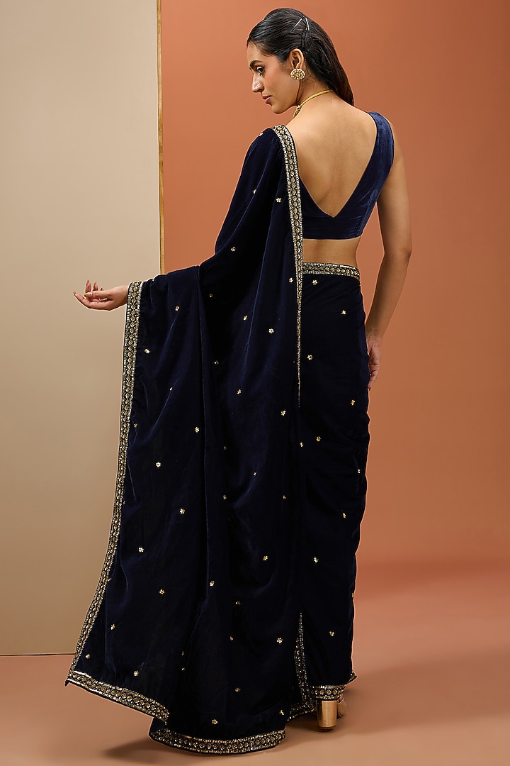 Blue Semi Crepe & Velvet Hand Embroidered Wedding Saree Set by Esha Koul at Pernia's Pop Up Shop