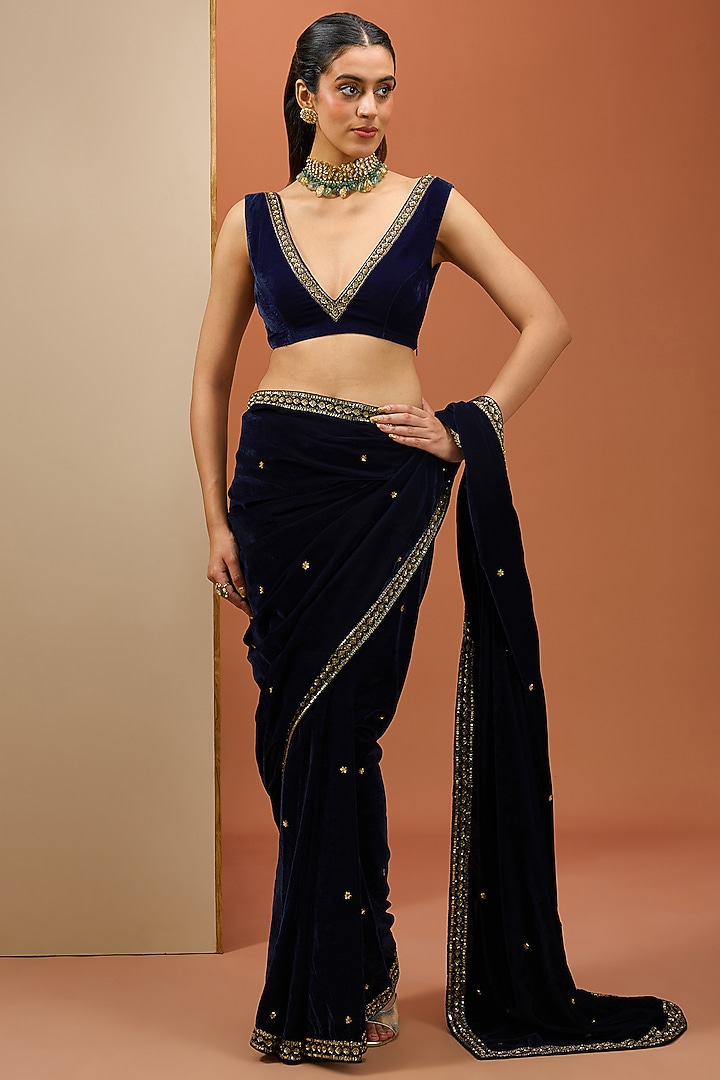 Blue Semi Crepe & Velvet Hand Embroidered Wedding Saree Set by Esha Koul at Pernia's Pop Up Shop