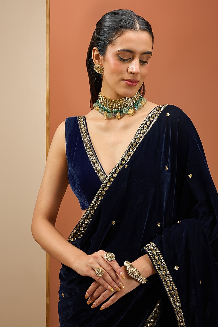 Blue Semi Crepe & Velvet Hand Embroidered Wedding Saree Set by Esha Koul at Pernia's Pop Up Shop