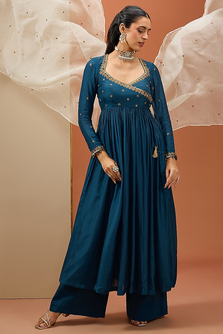 Blue Chanderi Silk & Cotton Hand Embroidered Anarkali Set by Esha Koul